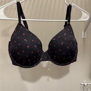 Chic Black Bra with Red Cherry Details